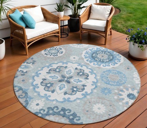 8' Sky Blue And Denim Blue Round Floral Medallion Washable Indoor Outdoor Area Rug