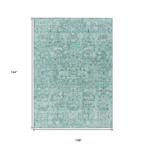 9' X 12' Teal Blue Aqua And Gray Floral Washable Indoor Outdoor Area Rug
