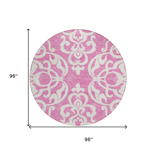 8' Blush And Ivory Round Damask Washable Indoor Outdoor Area Rug