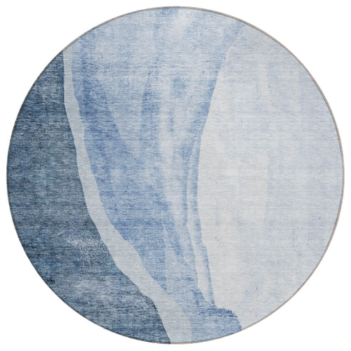8' Navy Blue And Sky Blue Round Abstract Washable Indoor Outdoor Area Rug - Navy Blue, Sky Blue