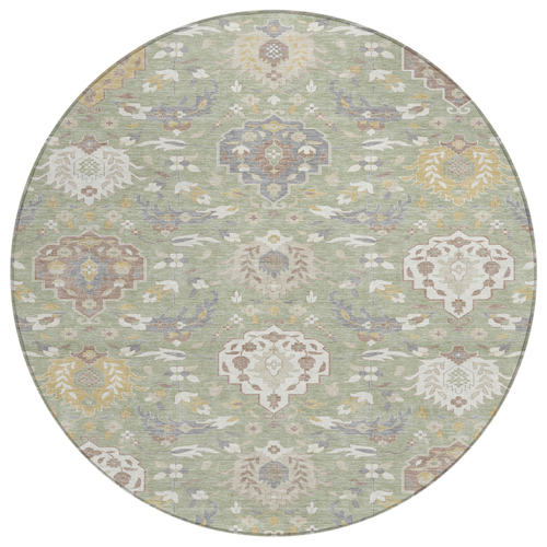 8' Artichoke Green Brown And Ivory Round Damask Washable Indoor Outdoor Area Rug