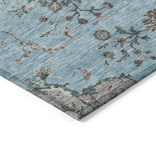 10' X 14' Sky Blue Gray And Charcoal Floral Washable Indoor Outdoor Area Rug
