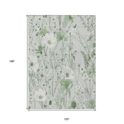 10' X 14' Mint Green And Ivory Floral Washable Indoor Outdoor Area Rug