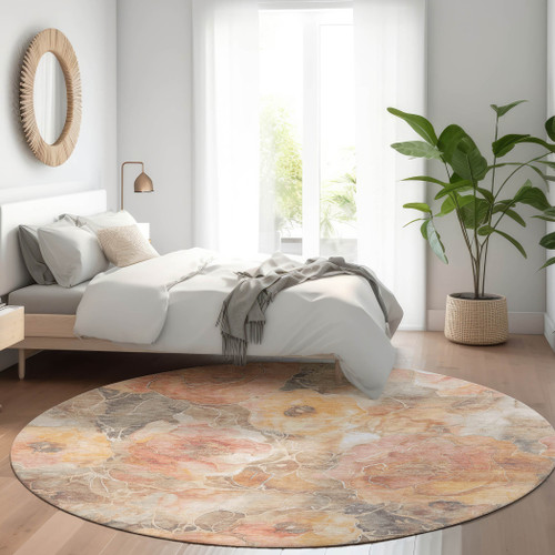 8' Peach And Gray Round Floral Washable Indoor Outdoor Area Rug