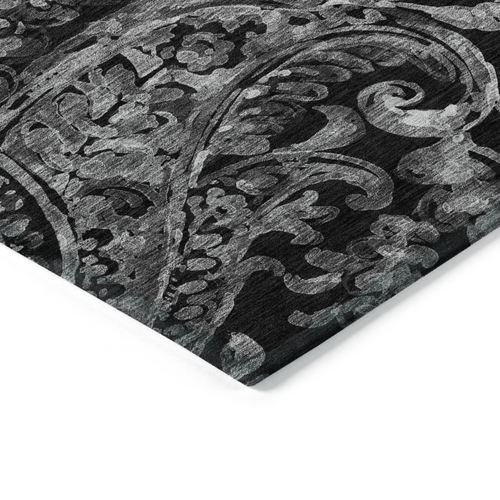 9' X 12' Black Gray And Charcoal Paisley Washable Indoor Outdoor Area Rug