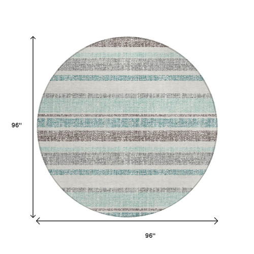 8' Teal Blue And Gray Round Striped Washable Indoor Outdoor Area Rug - Teal Blue, Gray