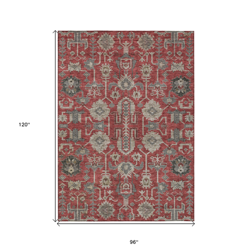 8' X 10' Red Beige And Charcoal Oriental Washable Indoor Outdoor Area Rug