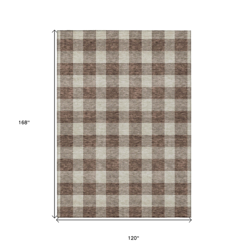 10' X 14' Brown And Beige Plaid Washable Indoor Outdoor Area Rug