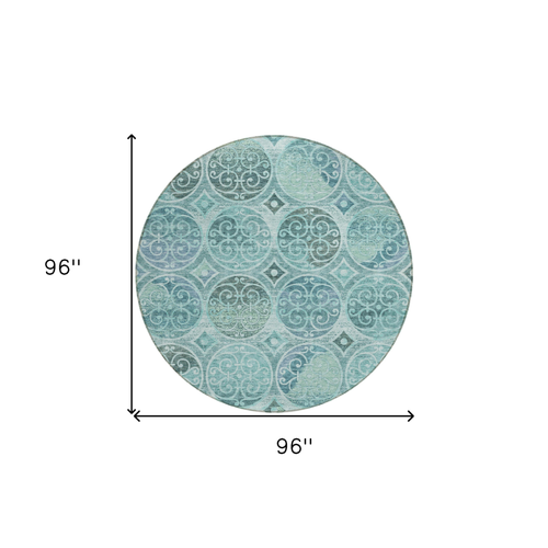 8' Teal Blue And Aqua Round Trellis Washable Indoor Outdoor Area Rug