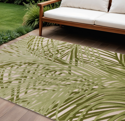 9' X 12' Ivory And Green Palm Leaf Indoor Outdoor Area Rug