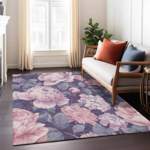 10' X 14' Pink And Mauve Floral Washable Indoor Outdoor Area Rug