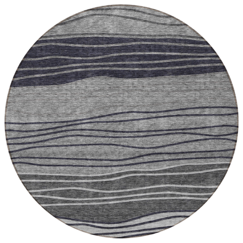 8' Gray Charcoal And Silver Round Striped Washable Indoor Outdoor Area Rug