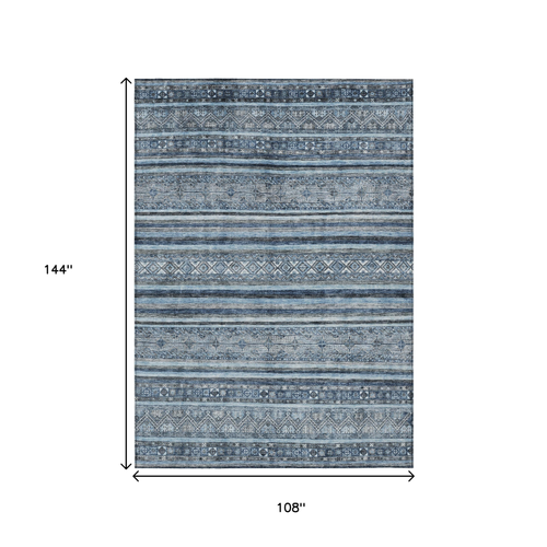 9' X 12' Blue And Gray Oriental Washable Indoor Outdoor Area Rug