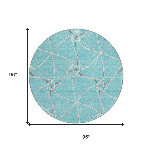 8' Teal Blue And Ivory Round Geometric Washable Indoor Outdoor Area Rug Contemporary Style - Teal Blue, Ivory Color