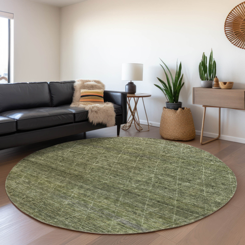 8' Olive Green And Ivory Round Geometric Washable Indoor Outdoor Area Rug