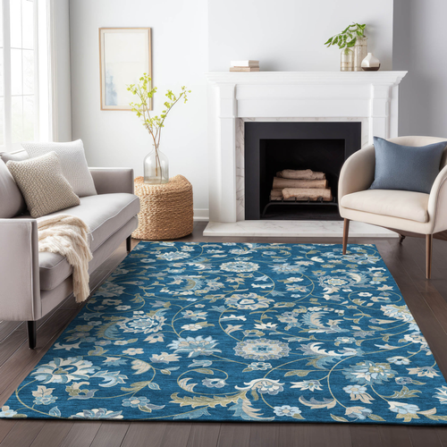 10' X 14' Navy Blue Ivory And Gray Floral Washable Indoor Outdoor Area Rug