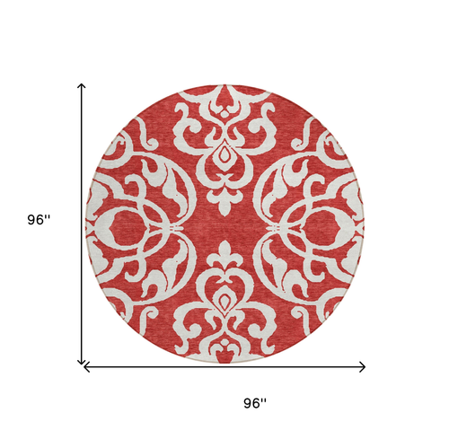 8' Red And Ivory Round Damask Washable Indoor Outdoor Area Rug