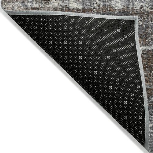 8' Brown And Charcoal Round Geometric Washable Indoor Outdoor Area Rug