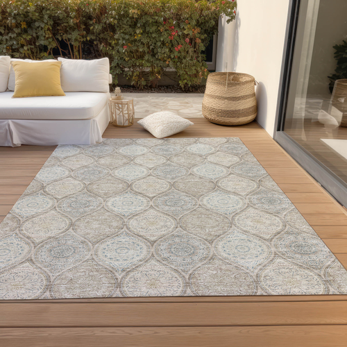 9' X 12' Taupe Beige And Khaki Floral Medallion Washable Indoor Outdoor Area Rug