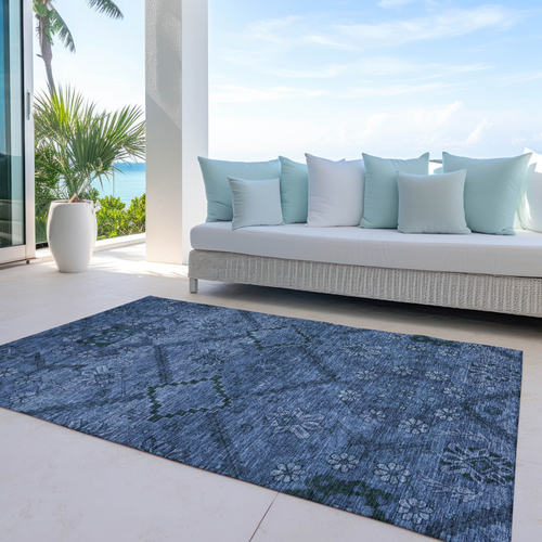 10' X 14' Navy Blue And Denim Blue Floral Washable Indoor Outdoor Area Rug
