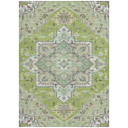 8' X 10' Green Ivory And Brown Oriental Washable Indoor Outdoor Area Rug