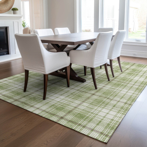 9' X 12' Artichoke Green Brown And Ivory Plaid Washable Indoor Outdoor Area Rug - Artichoke Green, Brown, Ivory
