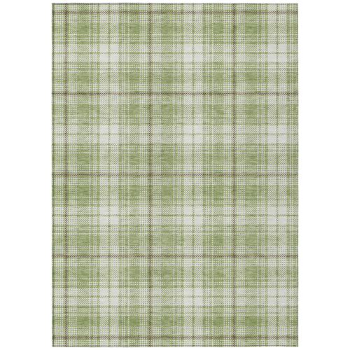 9' X 12' Artichoke Green Brown And Ivory Plaid Washable Indoor Outdoor Area Rug