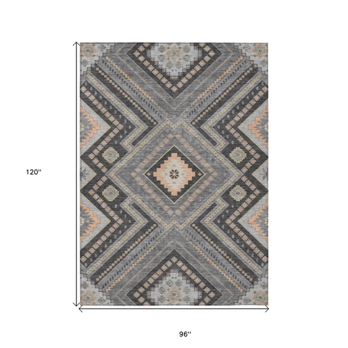 8' X 10' Gray Charcoal And Pink Tribal Washable Indoor Outdoor Area Rug