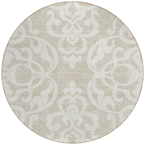 8' Beige And Ivory Round Damask Washable Indoor Outdoor Area Rug