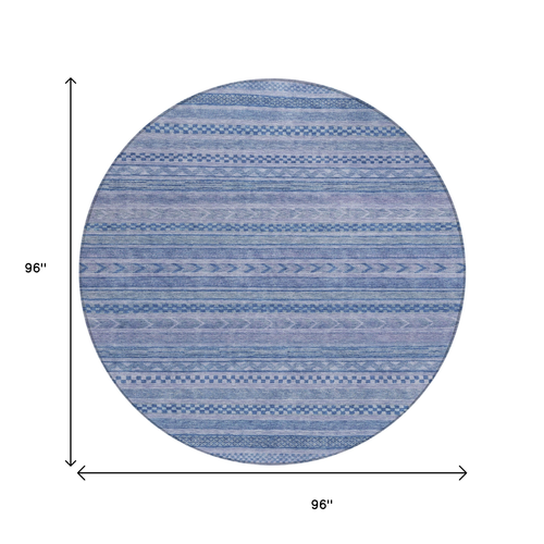 8' Denim Blue And Sky Blue Round Striped Washable Indoor Outdoor Area Rug