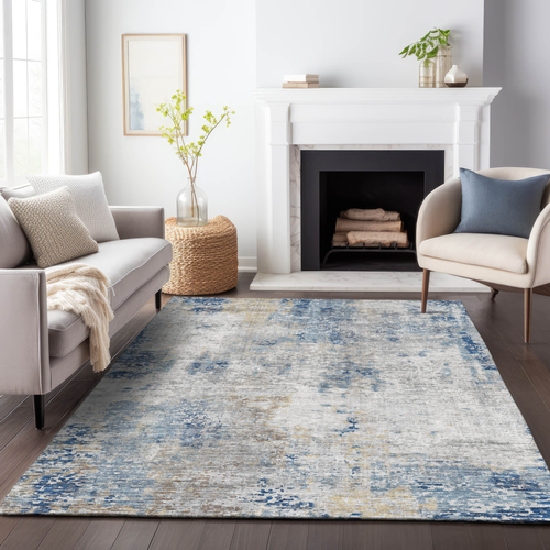 8' X 10' Denim Blue And Sky Blue Abstract Washable Indoor Outdoor Area Rug