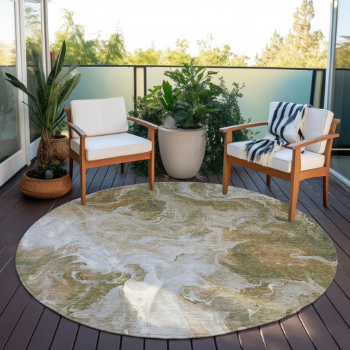 8' Brown And Ivory Round Abstract Washable Indoor Outdoor Area Rug