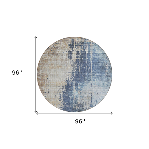 8' Navy Blue And Taupe Round Abstract Washable Indoor Outdoor Area Rug