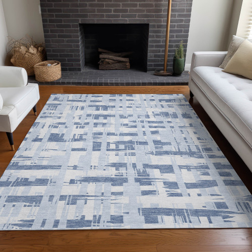9' X 12' Blue Ivory And Sky Blue Striped Washable Indoor Outdoor Area Rug