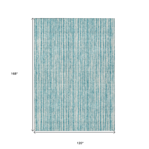 10' X 14' Teal Blue And Ivory Striped Washable Indoor Outdoor Area Rug