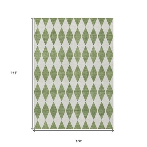 9' X 12' Green And Ivory Geometric Washable Indoor Outdoor Area Rug