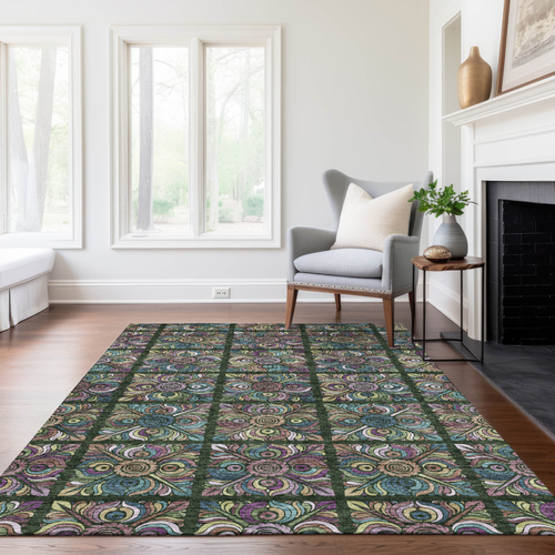 9' X 12' Fern Green Purple And Teal Blue Medallion Washable Indoor Outdoor Area Rug
