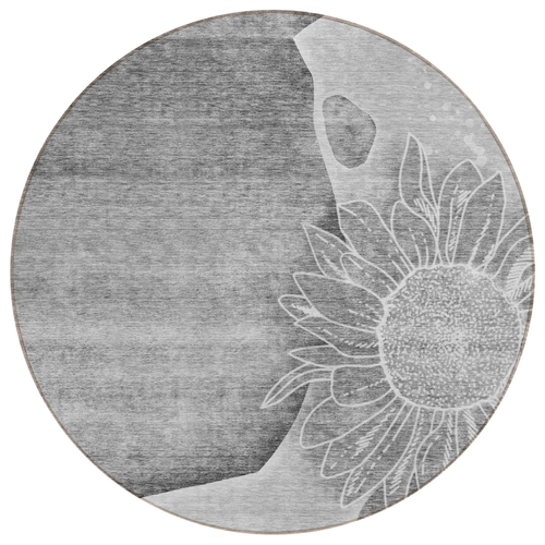 8' Gray Silver And Charcoal Round Floral Washable Indoor Outdoor Area Rug