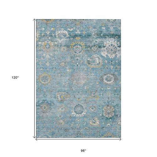 8' X 10' Teal Blue And Aqua Floral Washable Indoor Outdoor Area Rug