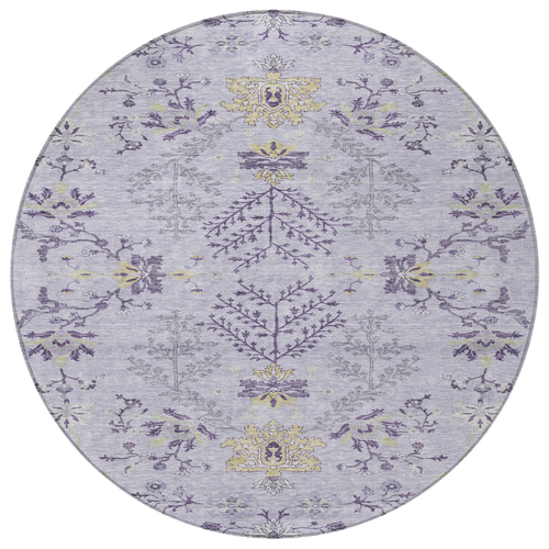 8' Lavender Purple And Gray Round Floral Washable Indoor Outdoor Area Rug
