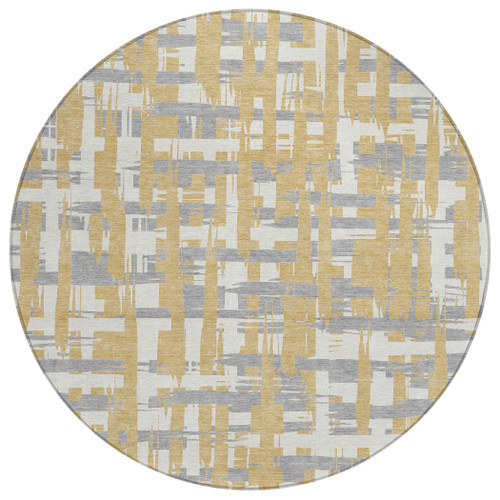 8' Gold Ivory And Gray Round Striped Washable Indoor Outdoor Area Rug