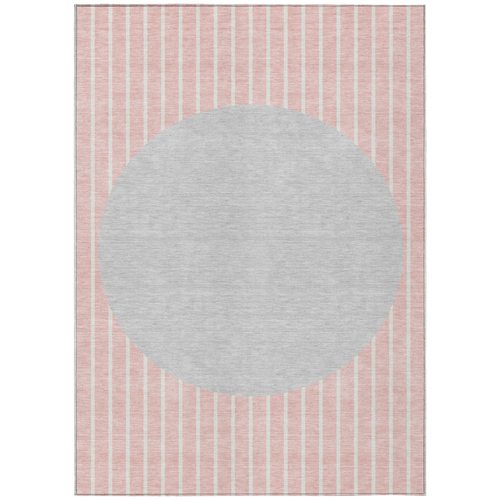 9' X 12' Pink And Silver Striped Washable Indoor Outdoor Area Rug