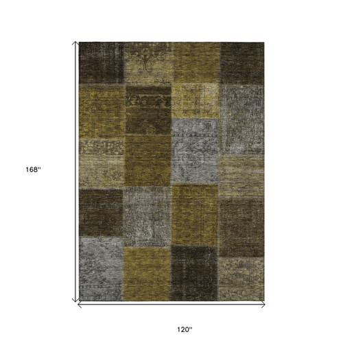 10' X 14' Brown Gold And Taupe Patchwork Washable Indoor Outdoor Area Rug