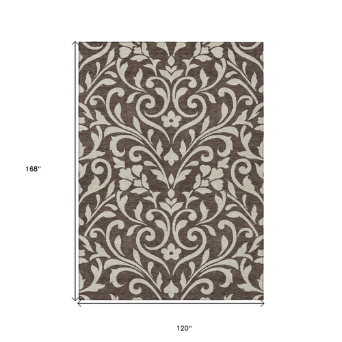 10' X 14' Chocolate And Ivory Floral Washable Indoor Outdoor Area Rug