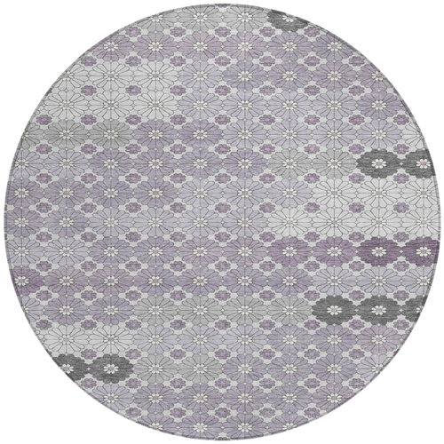 8' Lavender Gray And Ivory Round Floral Washable Indoor Outdoor Area Rug