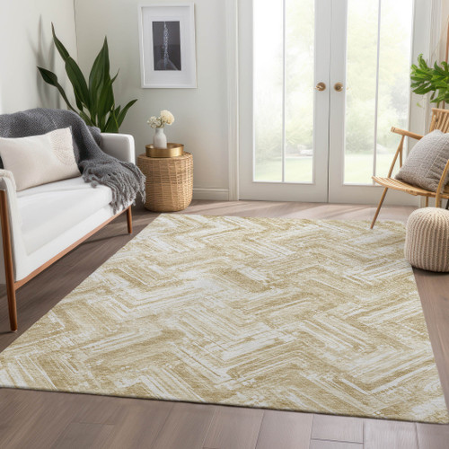 9' X 12' Beige Tan And Ivory Geometric Washable Indoor Outdoor Area Rug