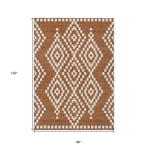 8' X 10' Terra Cotta And Ivory Geometric Washable Indoor Outdoor Area Rug