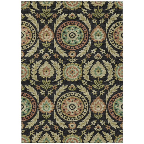 10' X 14' Black Gold And Copper Floral Washable Indoor Outdoor Area Rug