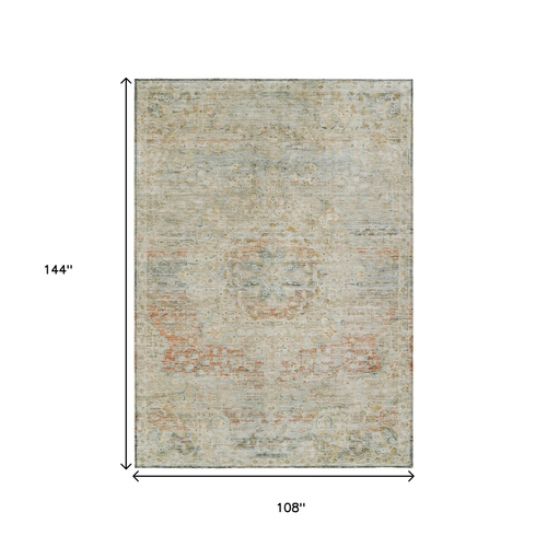 9' X 12' Tan And Beige Medallion Washable Indoor Outdoor Area Rug