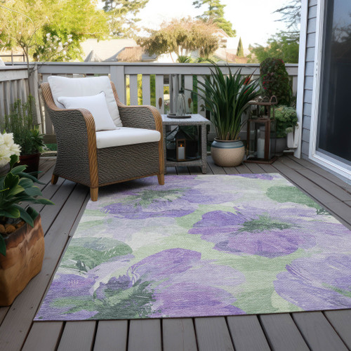 9' X 12' Lavender And Artichoke Green Floral Washable Indoor Outdoor Area Rug